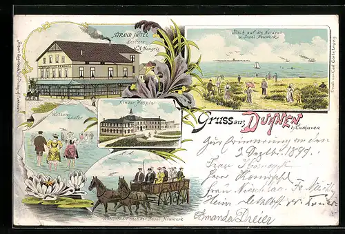 Lithographie Duhnen, Strand-Hotel, Bes. N. Mangels, Kinder-Hospiz, Blick zur Insel Neuwerk, Pferdegespann