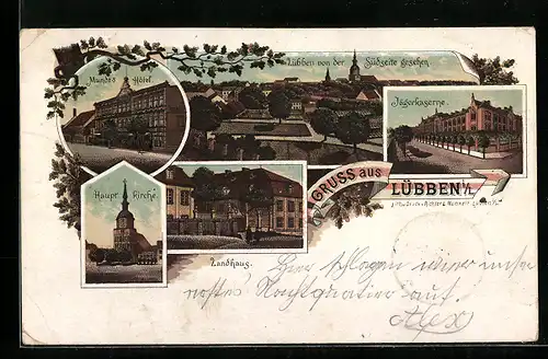 Lithographie Lübben i. L., Mundts Hotel, Jägerkaserne, Landhaus, Hauptkirche