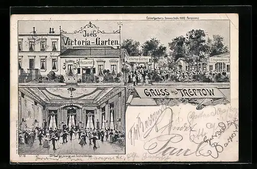 Lithographie Berlin-Treptow, Restaurant Joels Victoria-Garten, Innenansicht, Eingang