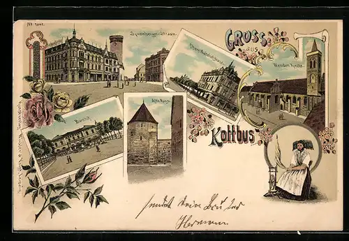 Lithographie Cottbus, Bahnhof, Wenden Kirche, Spremberger Strasse