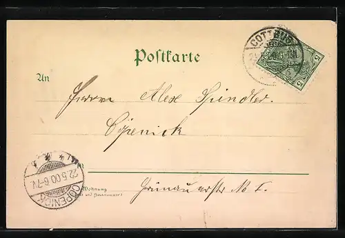 Lithographie Cottbus, Bahnhof, Wenden Kirche, Spremberger Strasse