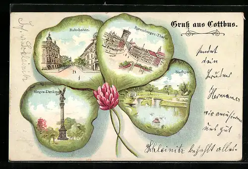 Passepartout-Lithographie Cottbus, Bahnhofstrasse, Spremberger-Turm, Stadtpark, Sieges-Denkmal