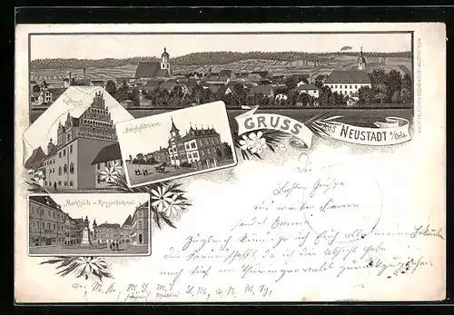 Lithographie Neustadt a. Orla, Totalansicht, Rathaus, Bahnhofstrasse, Marktplatz mit Kriegerdenkmal