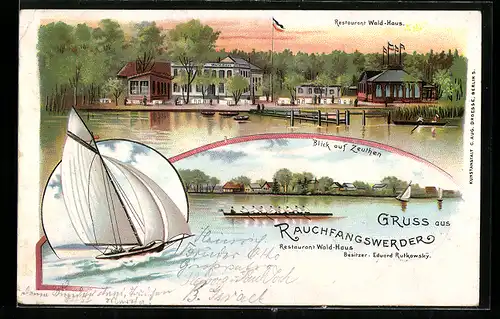 Lithographie Berlin-Rauchfangswerder, Restaurant Wald-Haus, Uferpartie mit Ruderboot