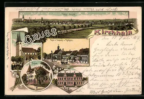 Lithographie Kirchhain, Totalansicht mit Markt und Denkmal