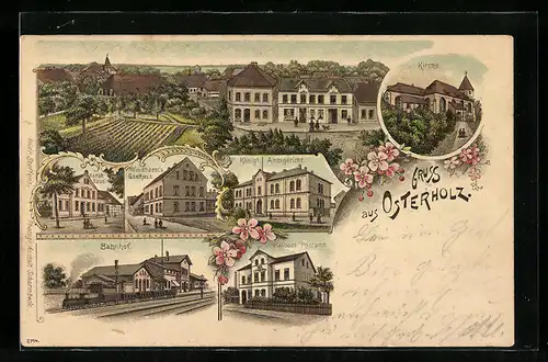 Lithographie Osterholz, Windhorsts Gasthaus, Bahnhof, Hansa-Haus, Königl. Amtsgericht