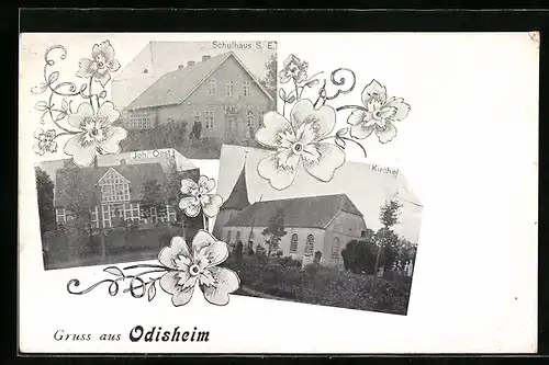 AK Odisheim, Joh. Oest, Schulhaus S. E., Kirche