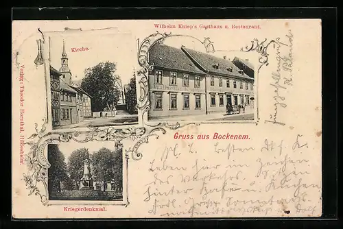 AK Bockenem, Kirche, Kriegerdenkmal und Gasthaus Wilhelm Kniep