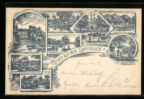 Lithographie Lübbenau, Forsthaus Eiche, Überschwemmung, Hafen, Schloss