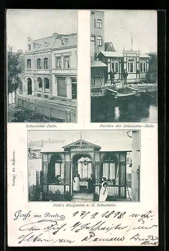 AK Preetz, Gasthaus Schwentine-Halle mit Pavillon, Nolte`s Biergarten a. d. Schwentine