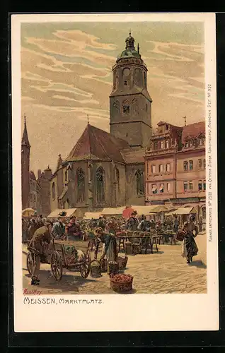 Künstler-Lithographie Paul Hey: Meissen, Blick auf den Marktplatz
