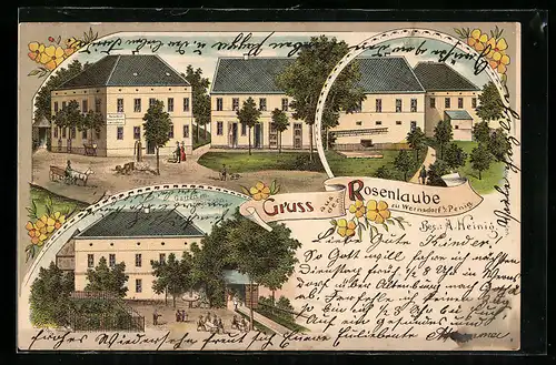 Lithographie Wernsdorf b. Penig, Gasthaus Rosenlaube, Garten m. Kegelbahn und Strassenpartie