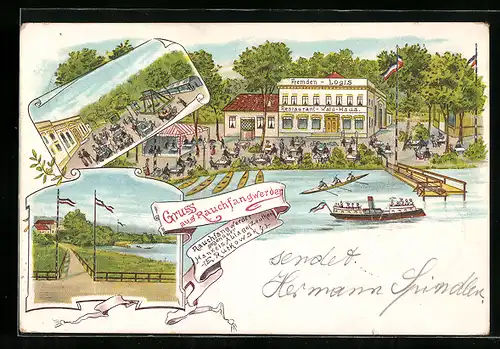Lithographie Berlin-Rauchfangswerder, Restaurant und Pension Wald-Haus vom Wasser aus gesehen
