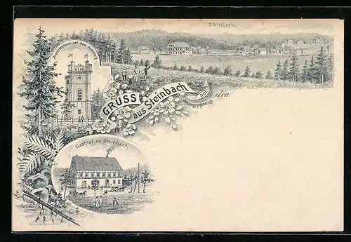Lithographie Steinbach bei Johanngeorgenstadt, Gasthof zu Steinbach, Aussichtsturm auf dem Auersberg