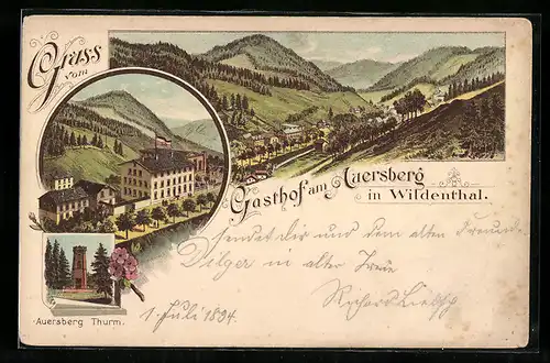 Vorläufer-Lithographie Auersberg i. Wildenthal, 1894, Blick auf Auersberg Thurm und Ortsansicht