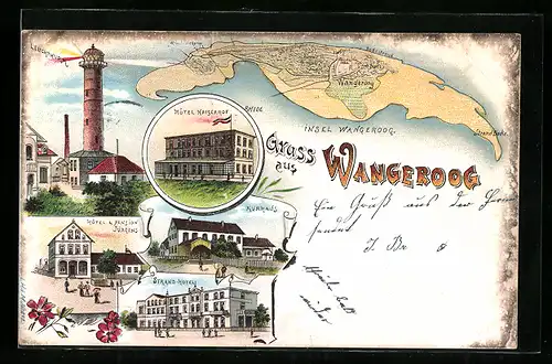 Lithographie Wangeroog, Hotel Kaiserhof, Blick auf Leuchtturm