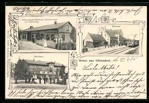 AK Ottendorf, Colonialwarenhandlung und Gastwirtschaft von F. Schlichting, Schulhaus, Bahnhof