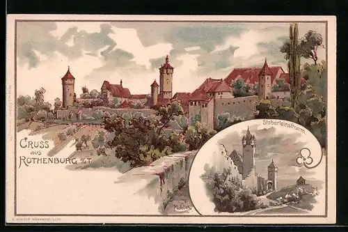 Lithographie Rothenburg o. T., Panorama, Stöberleinsthurm