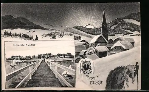 AK Niendorf / Ostsee, Seebrücke, Dorfpartie im Winter, Prosit Neujahr