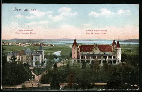 AK Gremsmühlen, Villa Elisabeth und Kurhaus Gremsmühlen aus der Vogelschau