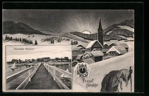 AK Niendorf / Ostsee, Seebrücke, Dorf im Winter, Prosit Neujahr