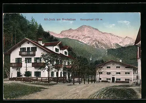 AK Alt-Joch am Kochelsee, Ortspartie mit Herzogstand, Gasthaus Alt-Joch