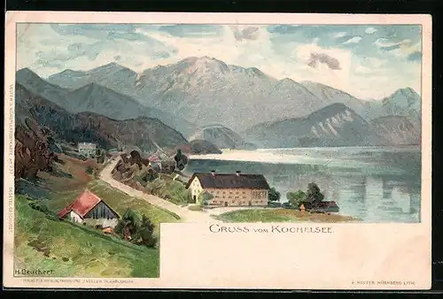 Lithographie Kochelsee, Uferpartie mit Gebirgspanorama