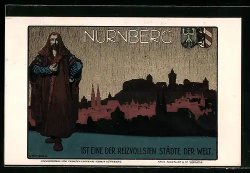 AK Nürnberg, Panorama, Wappen und Albrecht Dürer