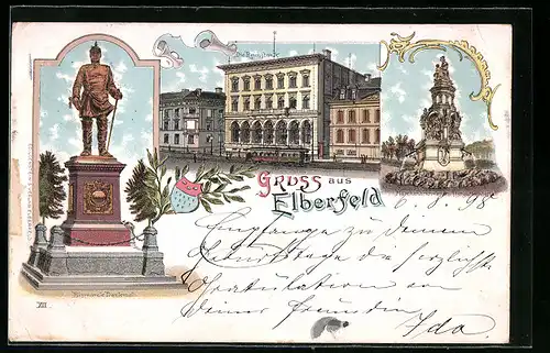 Lithographie Elberfeld, Bismarck-Denkmal, Reichsbank und Märchenbrunnen im Tiergartenviertel