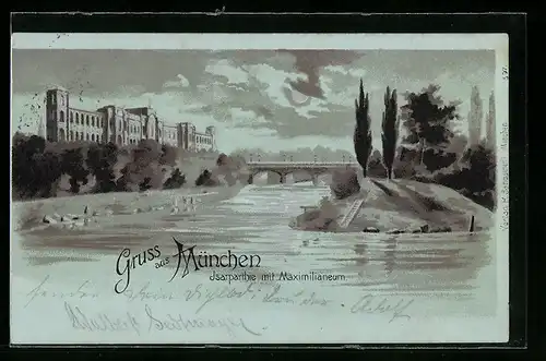 Mondschein-Lithographie München, Isarpartie mit Maximilianeum