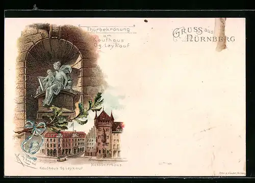 Lithographie Nürnberg, Nassauerhaus, Kaufhaus Gg. Leykauf, Türbekrönung am Kaufhaus Gg. Leykauf