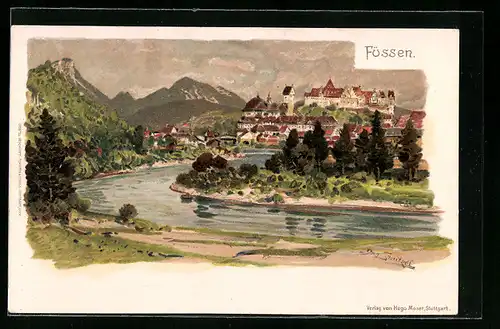 Lithographie Füssen, Flusspartie