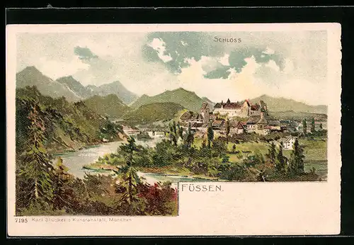 Lithographie Füssen, Ortsansicht, Blick zum Schloss