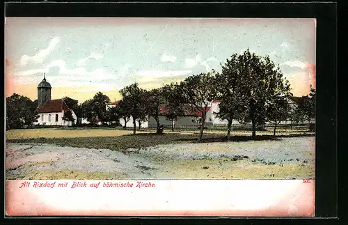 AK Berlin-Neukölln, Alt-Rixdorf mit Blick auf böhmische Kirche