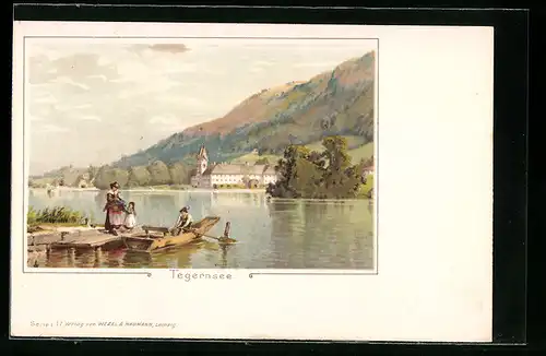 Lithographie Tegernsee, Seepartie mit Ruderboot am Steg