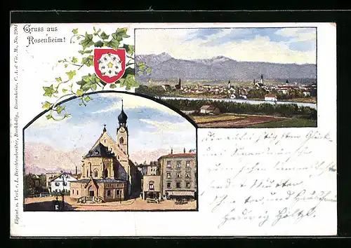 AK Rosenheim, Ortsansicht aus der Vogelschau, Blick zur Kirche, Wappen der Stadt Rosenheim