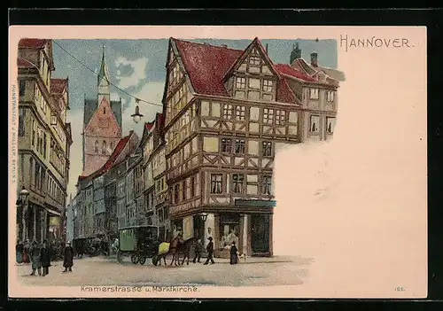 Lithographie Hannover, Kramerstrasse und Marktkirche