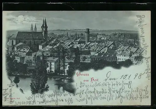 Mondschein-AK Hof i. B., Ortsansicht aus der Vogelschau