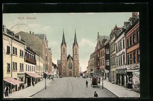 AK Hof i. B., Altstadt mit Blick zur katholischen Kirche