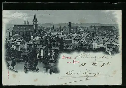 Mondschein-AK Hof i. B., Ortsansicht aus der Vogelschau