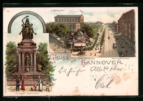 Lithographie Hannover, Hoftheater mit Café Kröpcke und Georgstrasse, Krieger-Denkmal