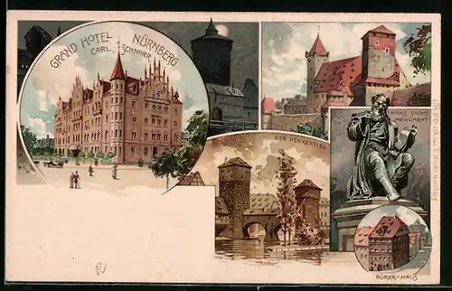 Lithographie Nürnberg, Grand-Hotel, Henkersteg, Hans Sachs Monument und Dürerhaus