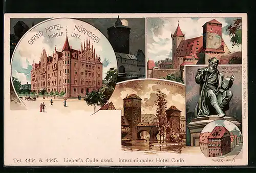 Lithographie Nürnberg, Grand Hotel, Hans Sachs Monument, Henkersteg und Dürerhaus