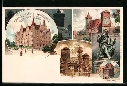 Lithographie Nürnberg, Grand Hotel, Henkersteg, Dürerhaus und Hans Sachs Monument