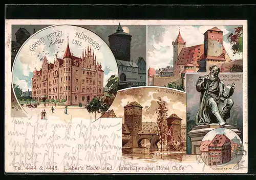 Lithographie Nürnberg, Grand Hotel, Hans Sachs Monument, Henkersteg