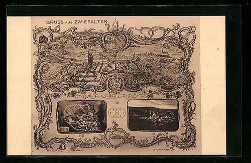 AK Zwiefalten, Ortsansichten aus den Jahren 1659, 1702 und 1914