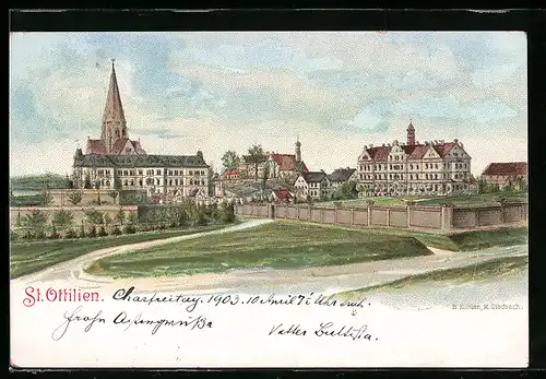 Lithographie St. Ottilien, Blick zur Abtei
