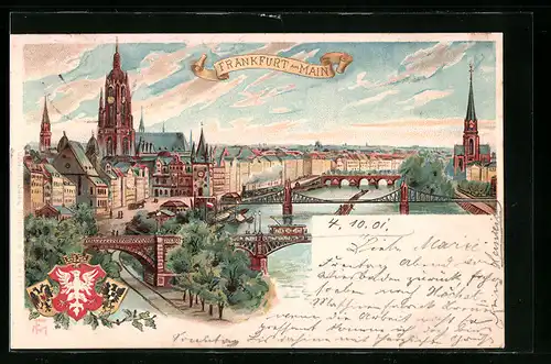 Lithographie Frankfurt a. M., Mainpartie mit Brücken, Wappen