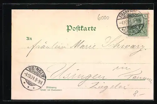 Lithographie Frankfurt a. M., Mainpartie mit Brücken, Wappen