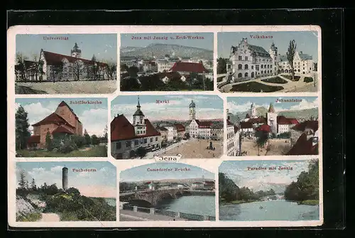 AK Jena, Schillerkirche, Markt, Fuchtsturm, Volkshaus, Johannistor und Camsdorfer Brücke